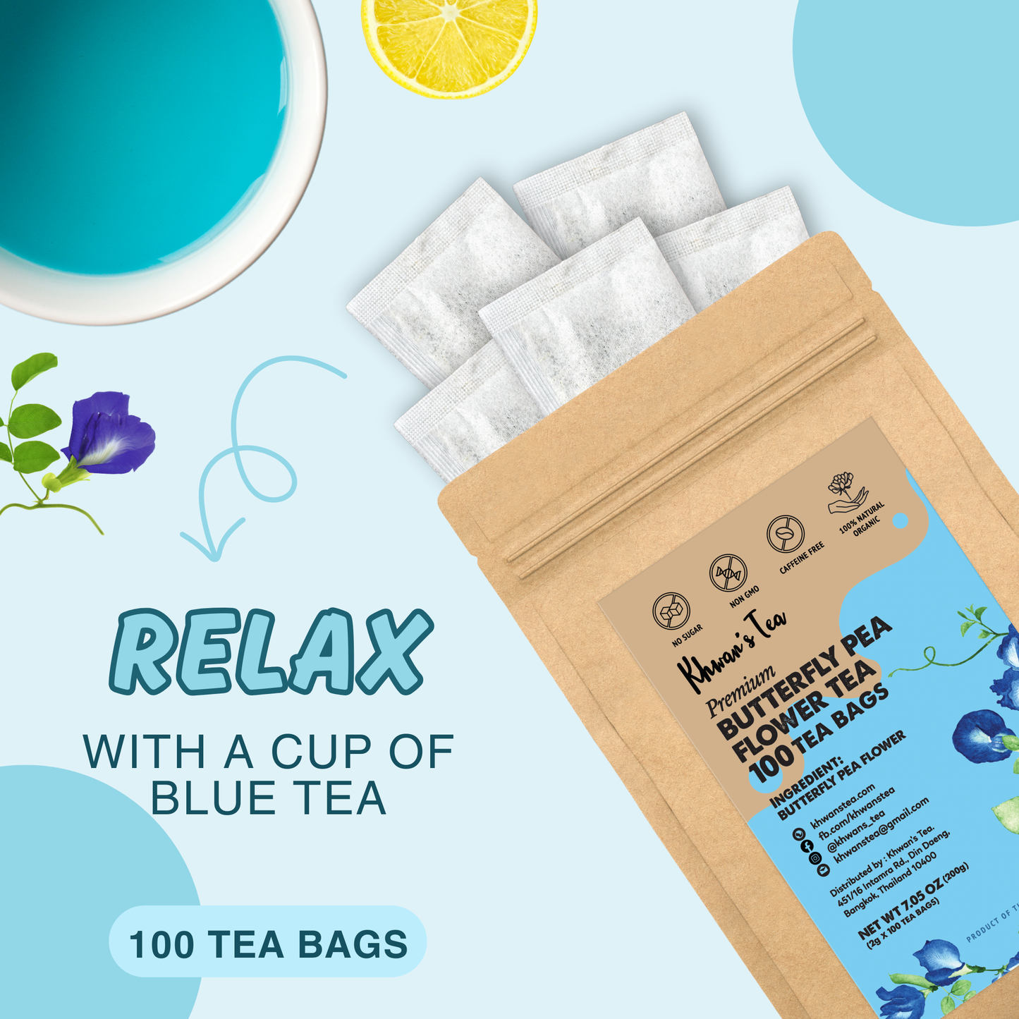 Organic Butterfly Pea Flower Tea 100 Tea Bags, 7oz (100 x 2g/bag)