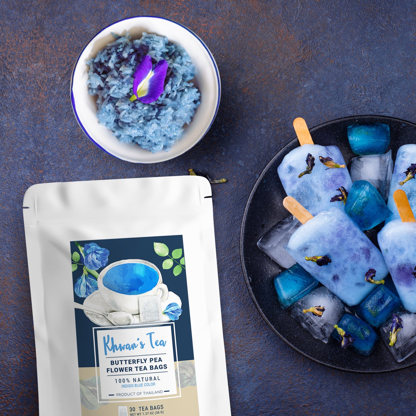 Butterfly Pea Flower Tea Bags Herbal Loose Leaf Tea Organic Natural Vegan Healthy Product of Thailand
