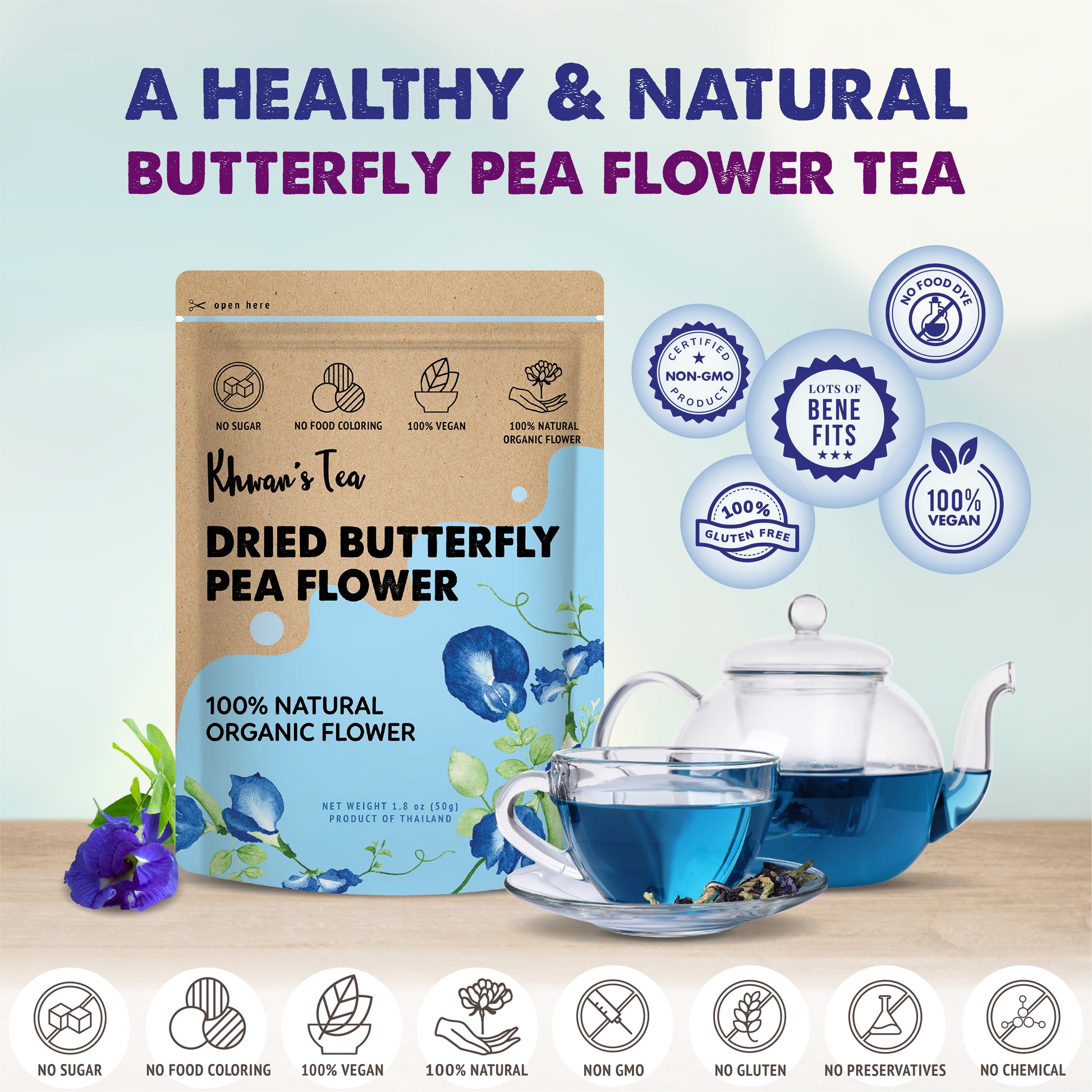 Dried Butterfly Pea Flower Herbal Tea Organic Natural Food Coloring Vegan NON-GMO Healthy Product of Thailand