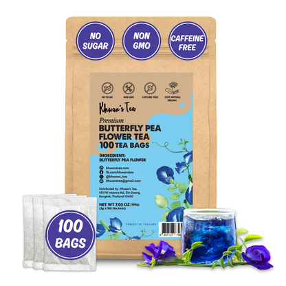 Organic Butterfly Pea Flower Tea 100 Tea Bags, 7oz - Blue Butterfly Pea Flower Powder Ground, Caffeine Free Tea, Non-GMO, Vegan, No Preservatives, Sugar Free - Sourced from Thailand (100 x 2g/bag)