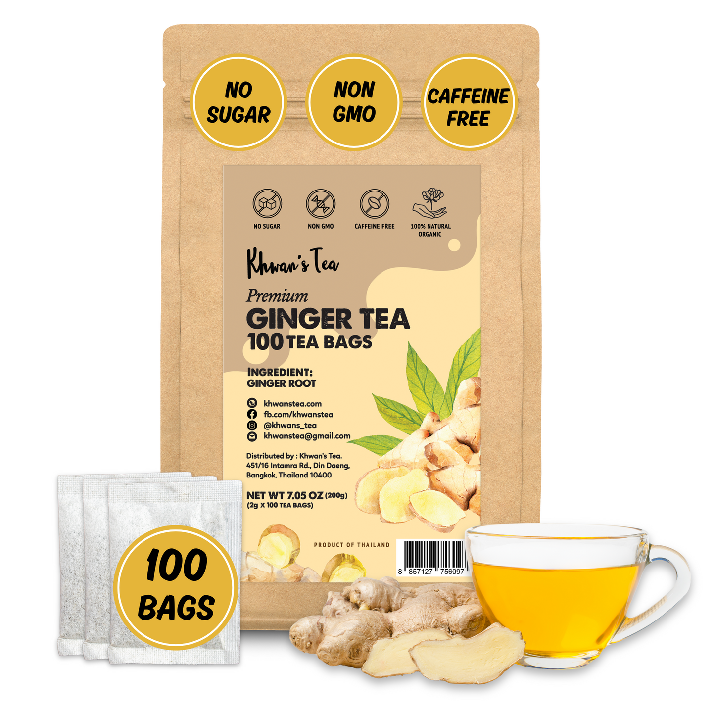 Ginger Tea 100 Tea Bags, 7oz - Organic Ginger Root Powder For Herbal Tea Bags, Caffeine Free Tea Bags, Supports Digestion, Soothing & Spicy (100 x 2g/Bag)