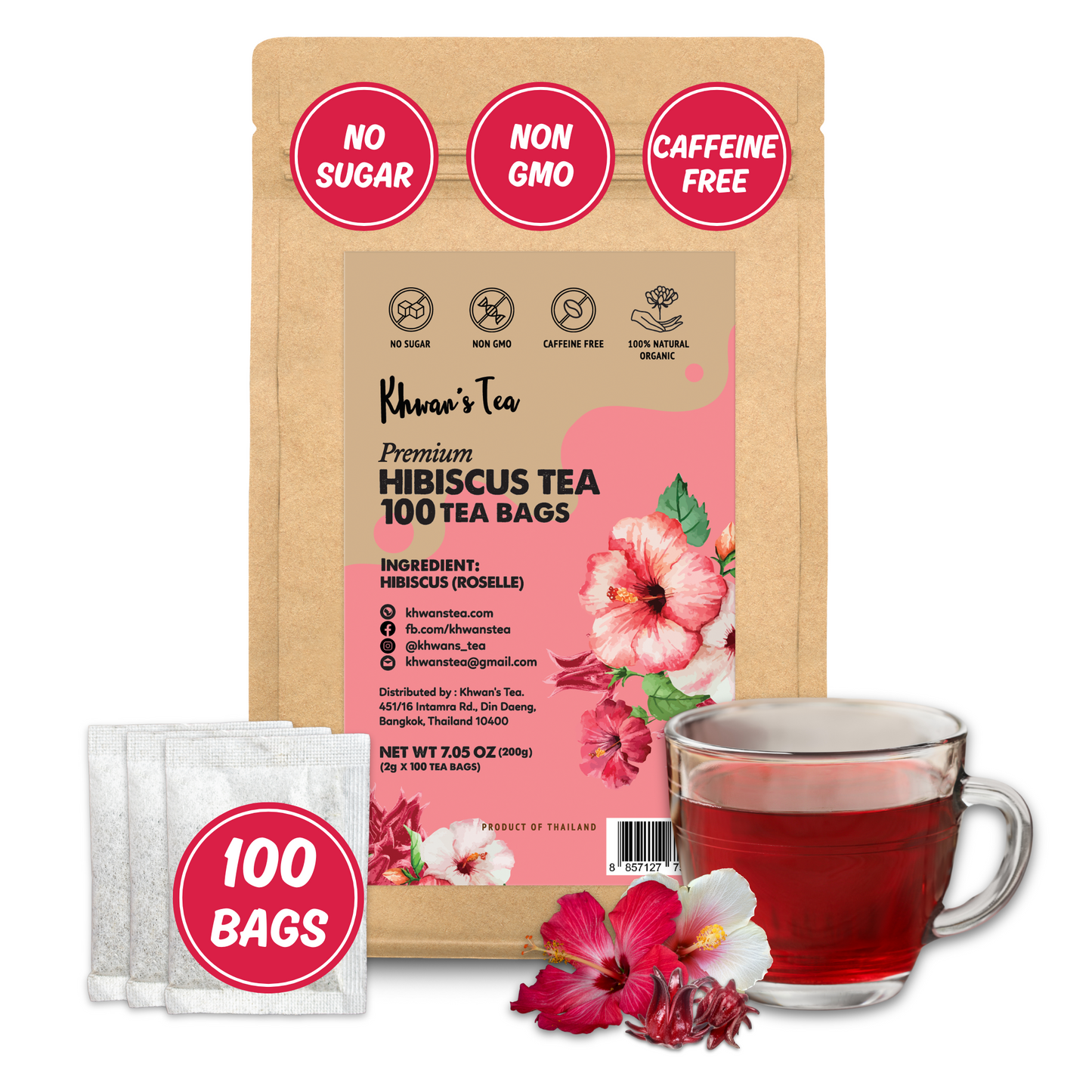 Hibiscus Tea 100 Tea Bags, 7oz - Dried Edible Hibiscus Flowers Powder Ground, Herbal Tea Bag Caffeine-Free Hibiscus Tea Organic Hibiscus (100 x 2g/bag)