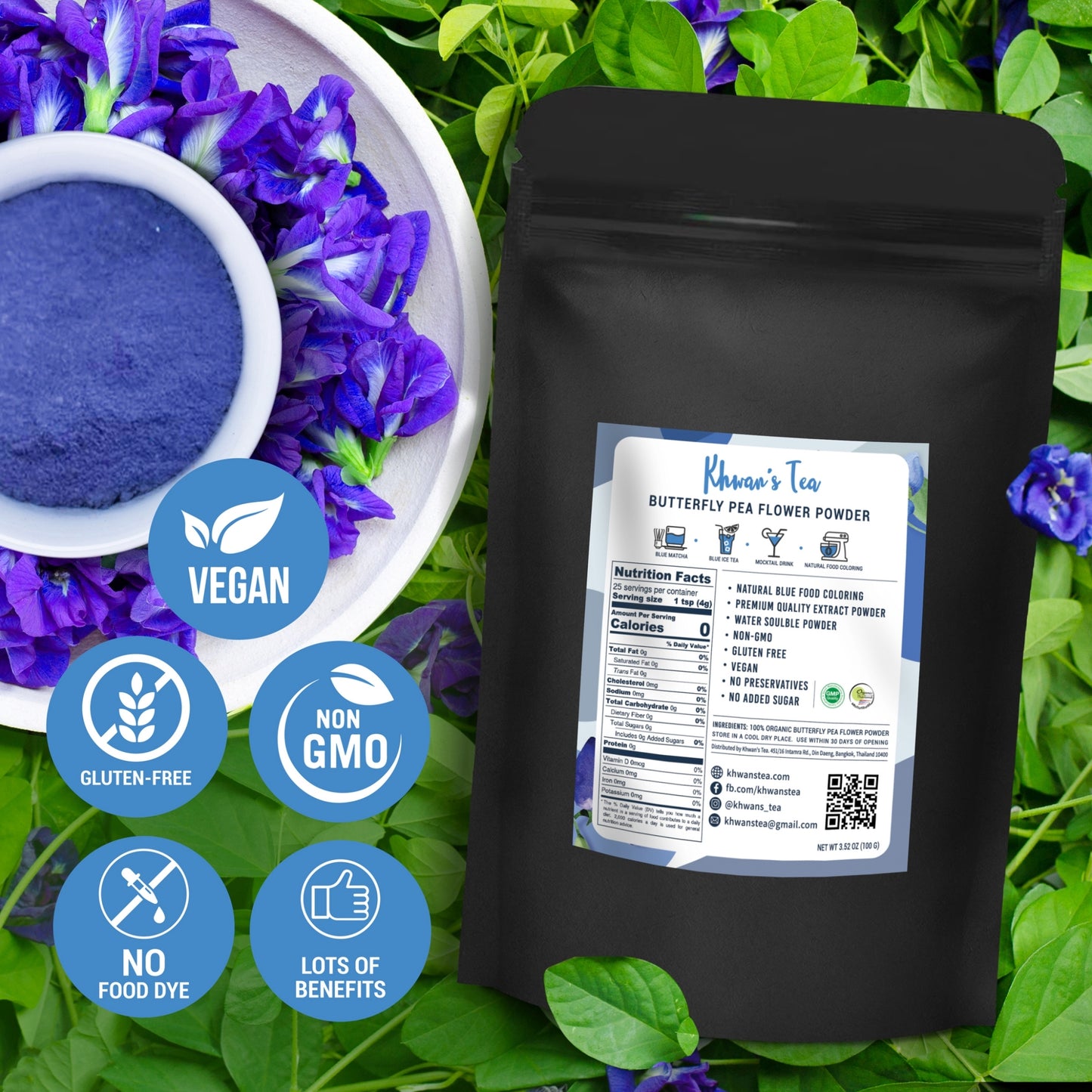 Butterfly Pea Flower Powder Extract Blue Matcha Latte Tea Natural Food Coloring