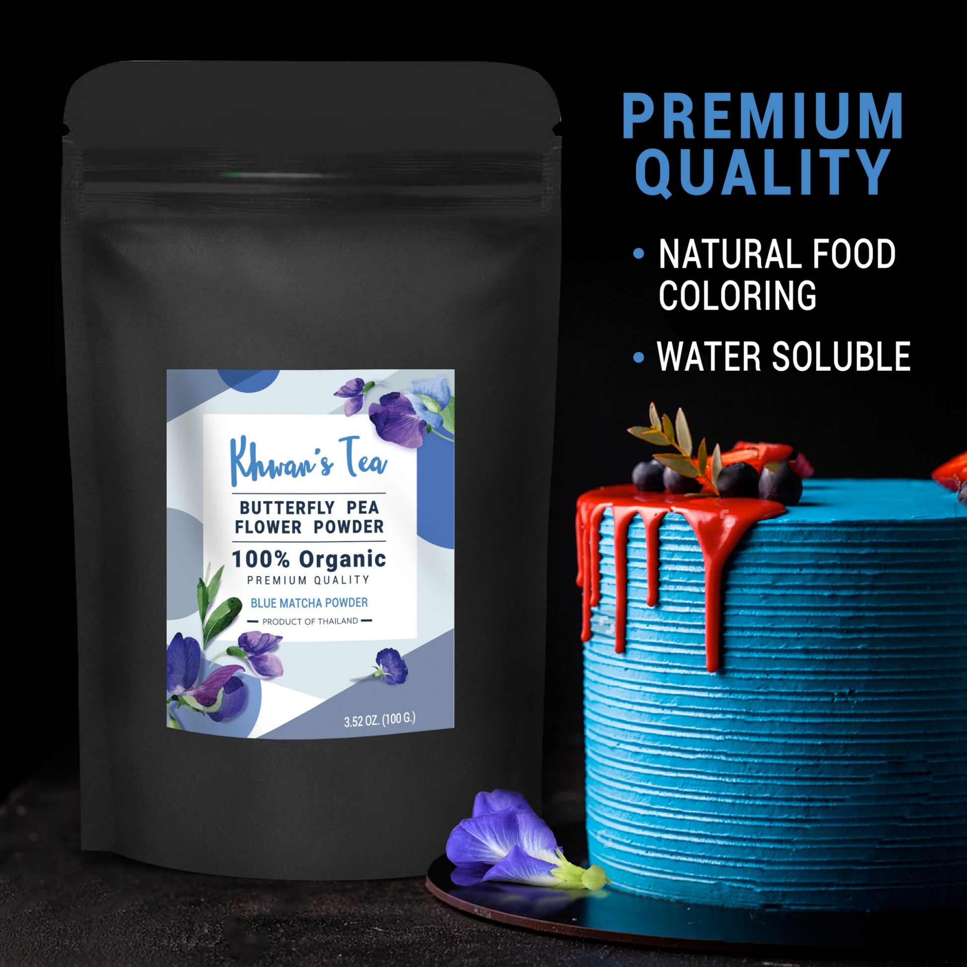 Butterfly Pea Flower Powder Extract Water Soluble Blue Matcha Latte Tea Natural Food Coloring 