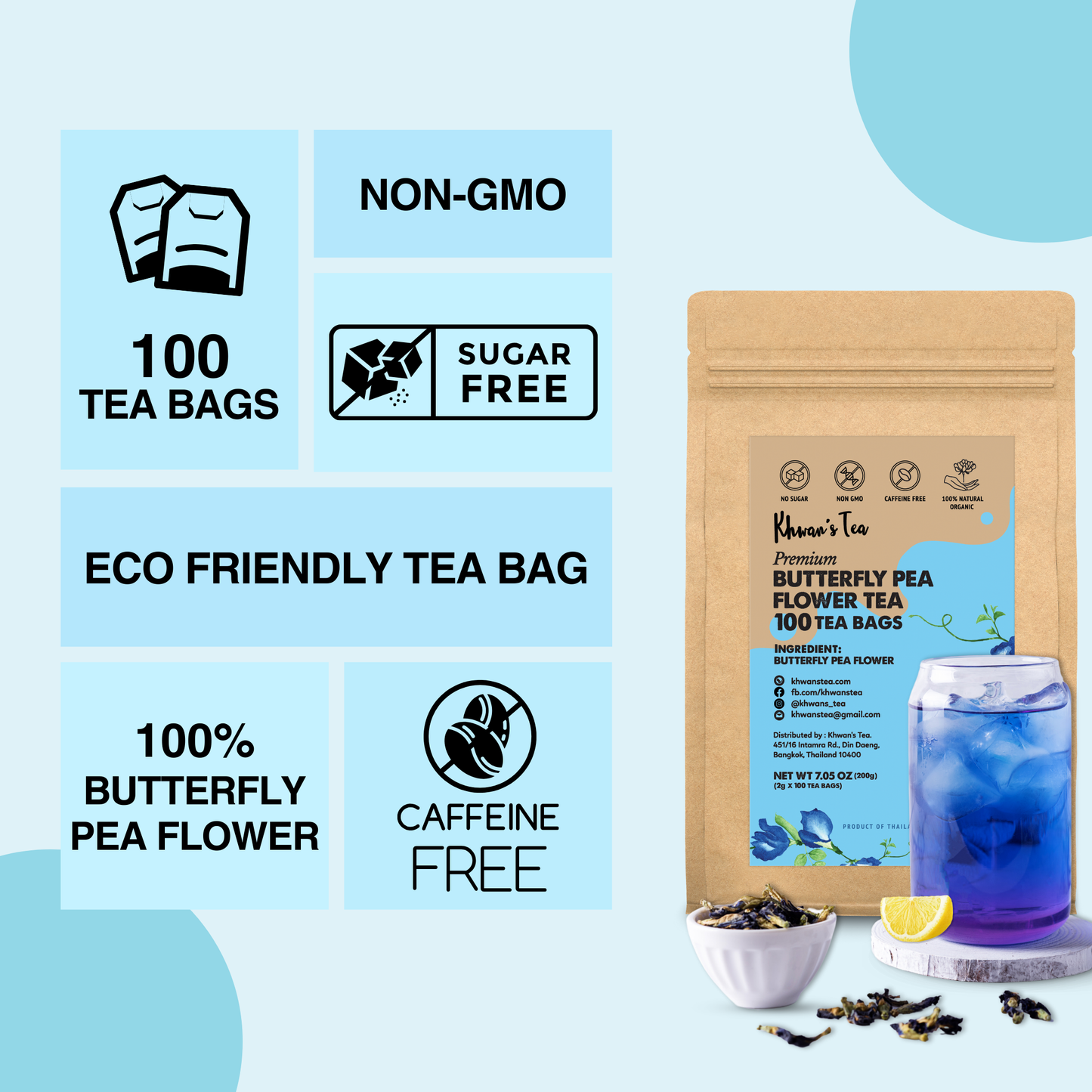 Organic Butterfly Pea Flower Tea 100 Tea Bags, 7oz - Blue Butterfly Pea Flower Powder Ground, Caffeine Free Tea, Non-GMO, Vegan, No Preservatives, Sugar Free - Sourced from Thailand (100 x 2g/bag)