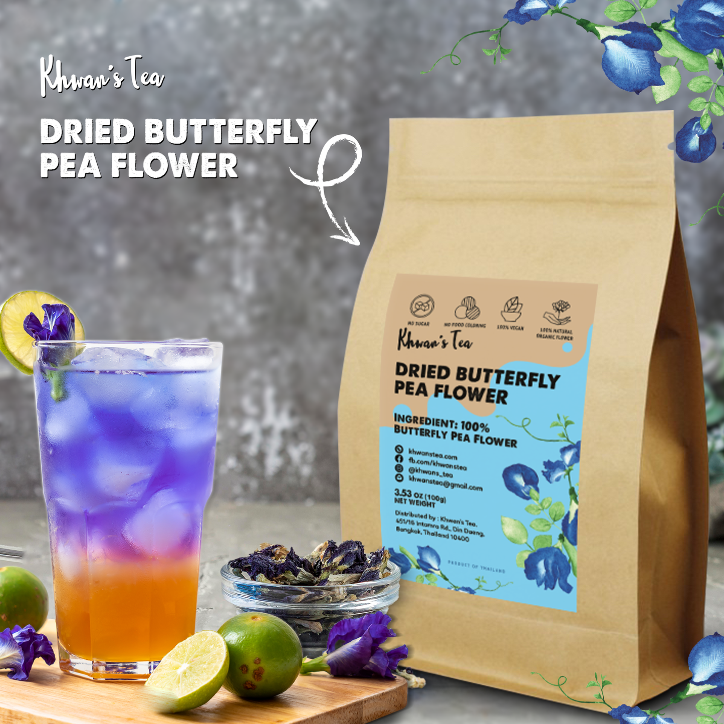 Dried Butterfly Pea Flower Herbal Tea Organic Natural Food Coloring Vegan NON-GMO Healthy Product of Thailand