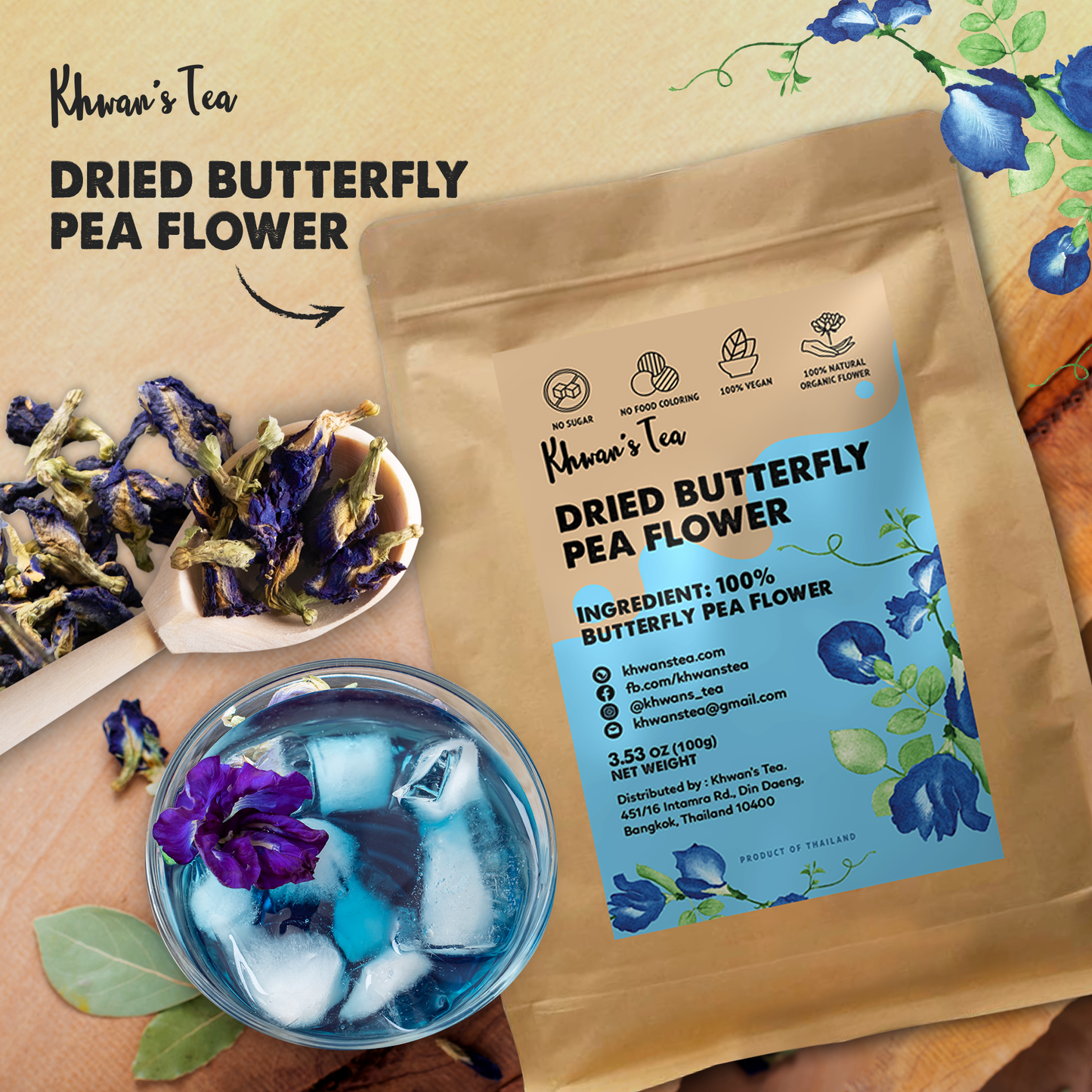 Dried Butterfly Pea Flower Herbal Tea Organic Natural Food Coloring Vegan NON-GMO Healthy Product of Thailand