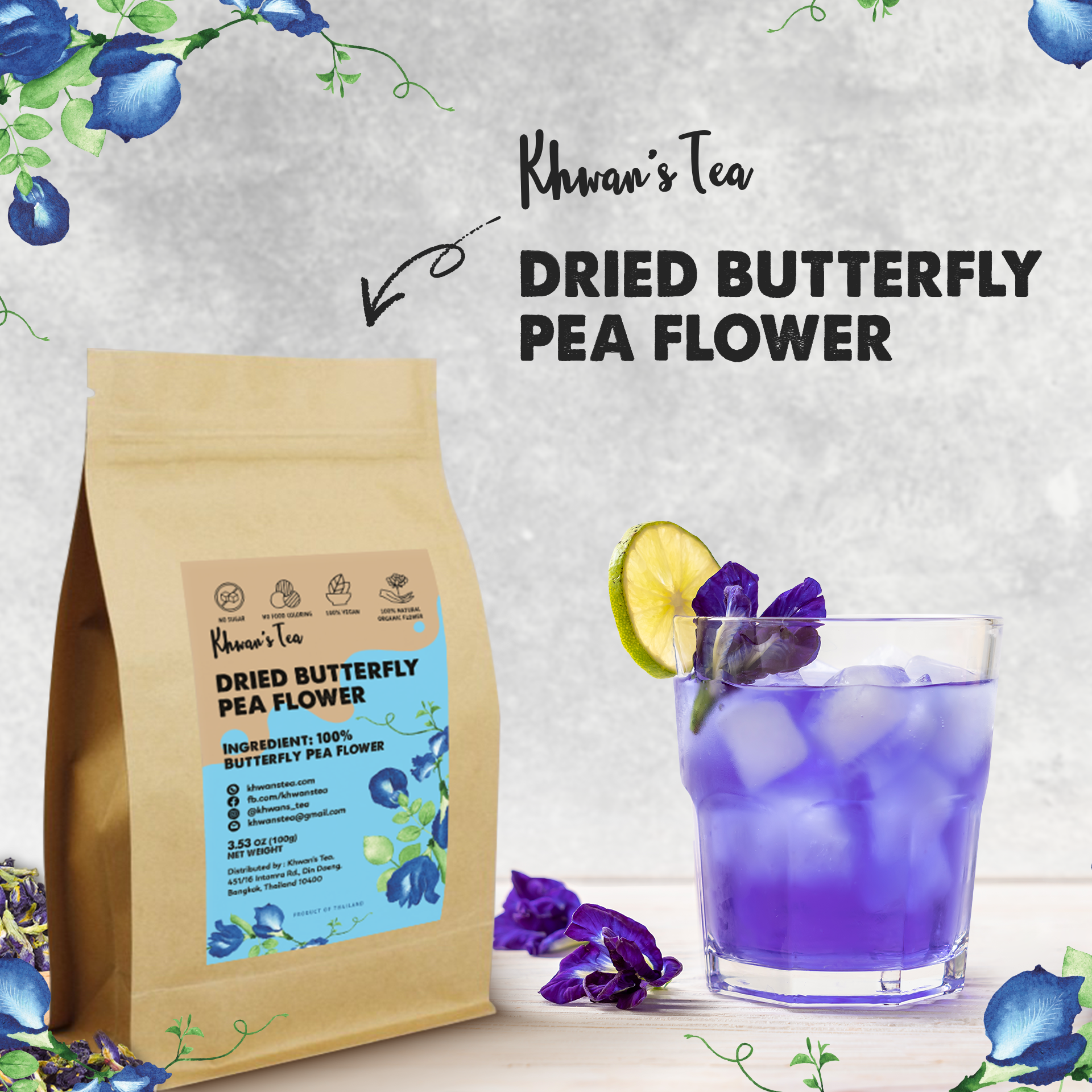 Dried Butterfly Pea Flower Herbal Tea Organic Natural Food Coloring Vegan NON-GMO Healthy Product of Thailand