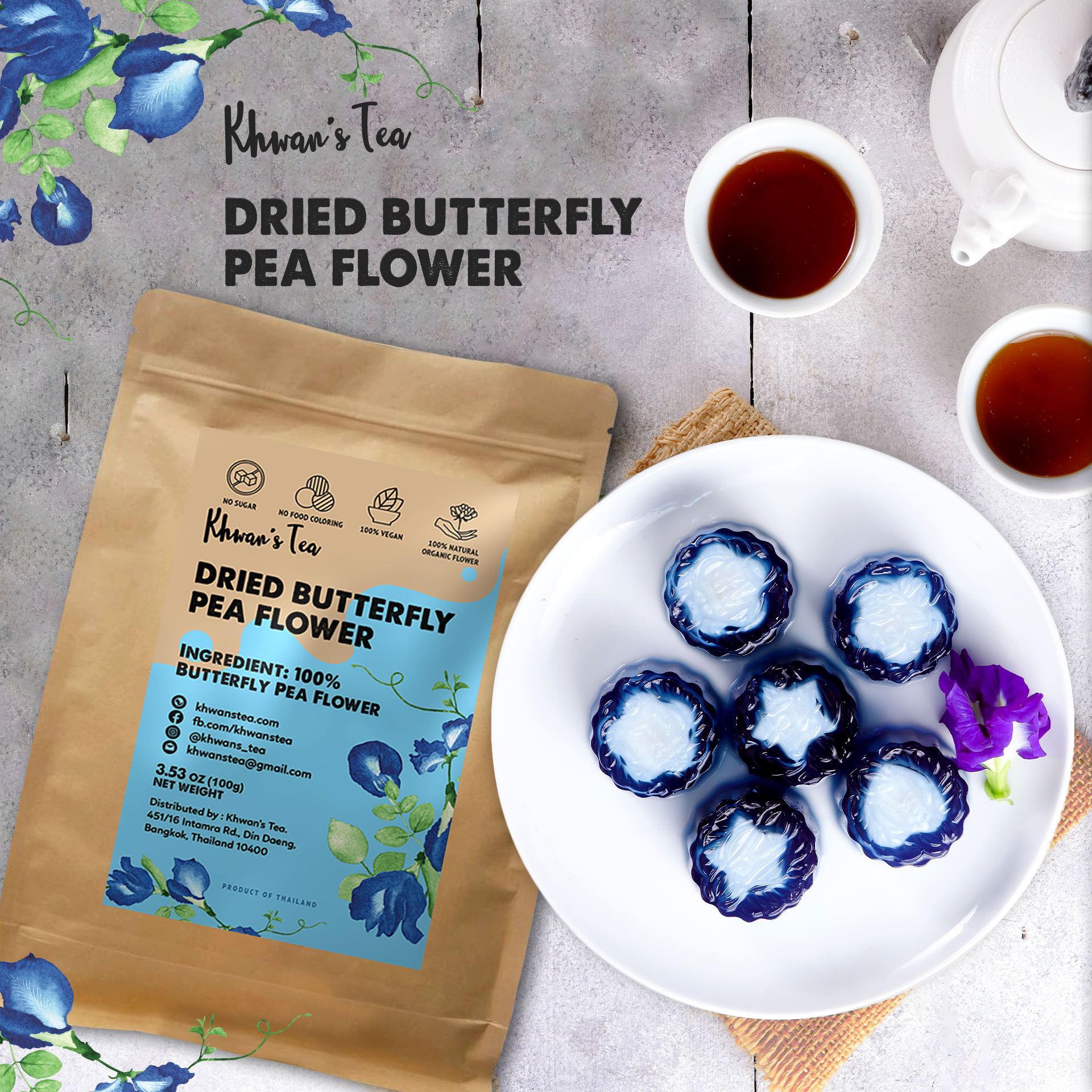 Dried Butterfly Pea Flower Herbal Tea Organic Natural Food Coloring Vegan NON-GMO Healthy Product of Thailand