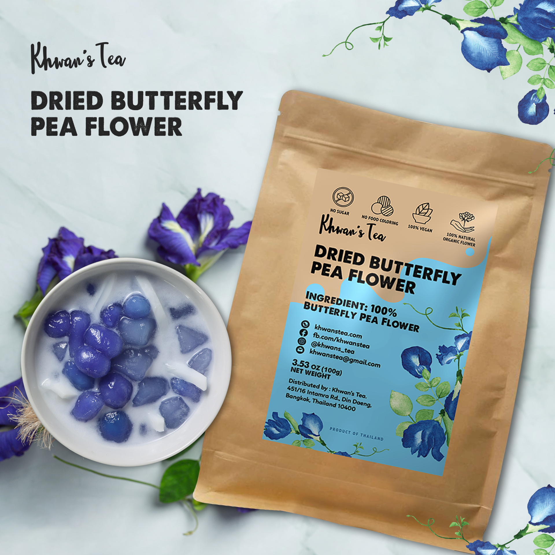 Dried Butterfly Pea Flower Herbal Tea Organic Natural Food Coloring Vegan NON-GMO Healthy Product of Thailand