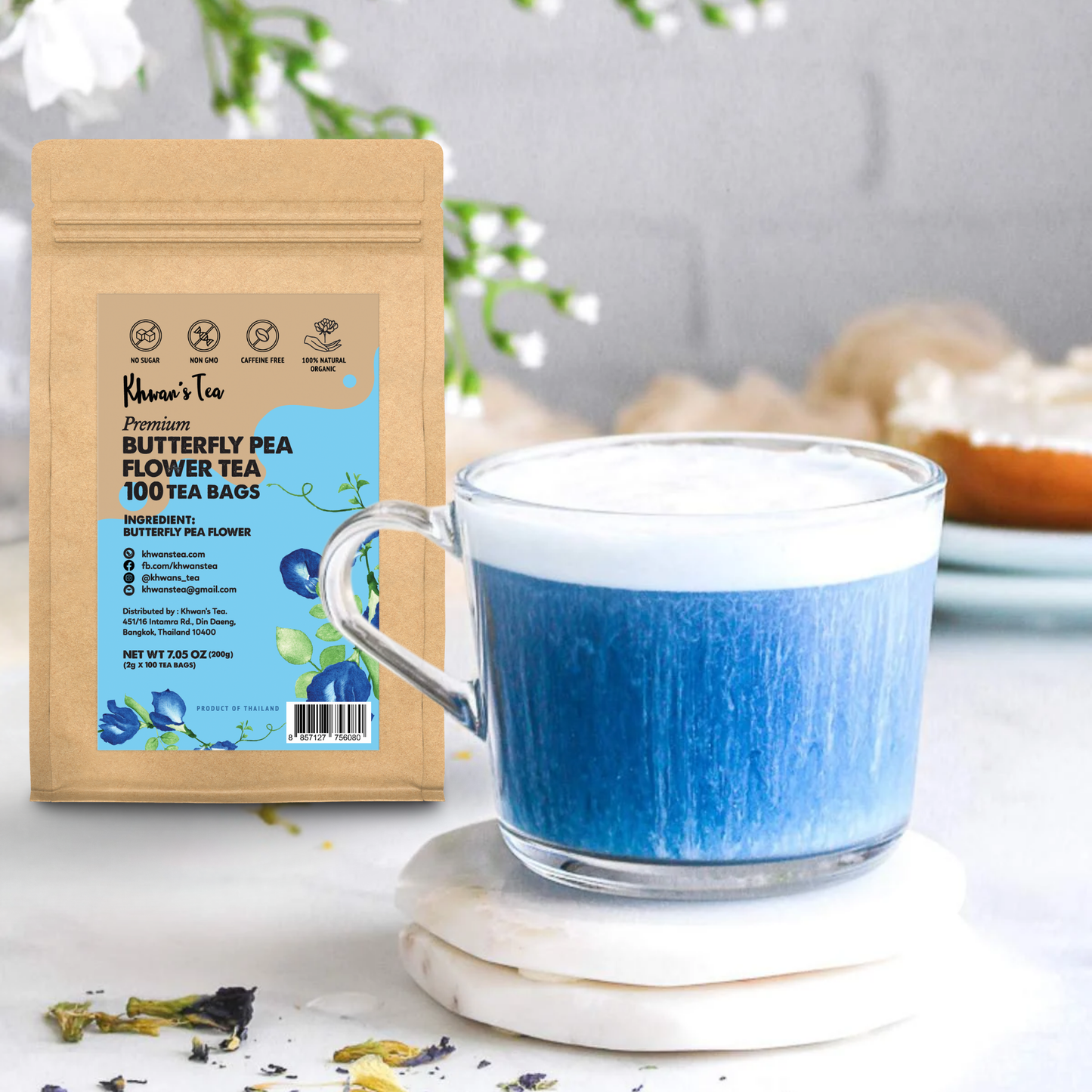 Organic Butterfly Pea Flower Tea 100 Tea Bags, 7oz - Blue Butterfly Pea Flower Powder Ground, Caffeine Free Tea, Non-GMO, Vegan, No Preservatives, Sugar Free - Sourced from Thailand (100 x 2g/bag)