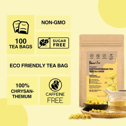 Chrysanthemum Tea 100 Tea Bags, 7oz - Dried Chrysanthemum Flowers Powder Ground, Flower Tea Bag, Caffeine-Free, Non-GMO, Vegan - From Thailand (100 x 2g/Bag)