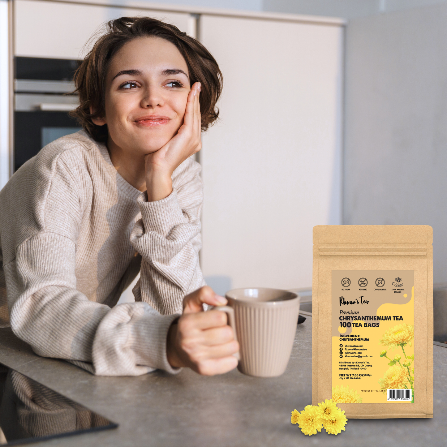 Chrysanthemum Tea 100 Tea Bags, 7oz - Dried Chrysanthemum Flowers Powder Ground, Flower Tea Bag, Caffeine-Free, Non-GMO, Vegan - From Thailand (100 x 2g/Bag)