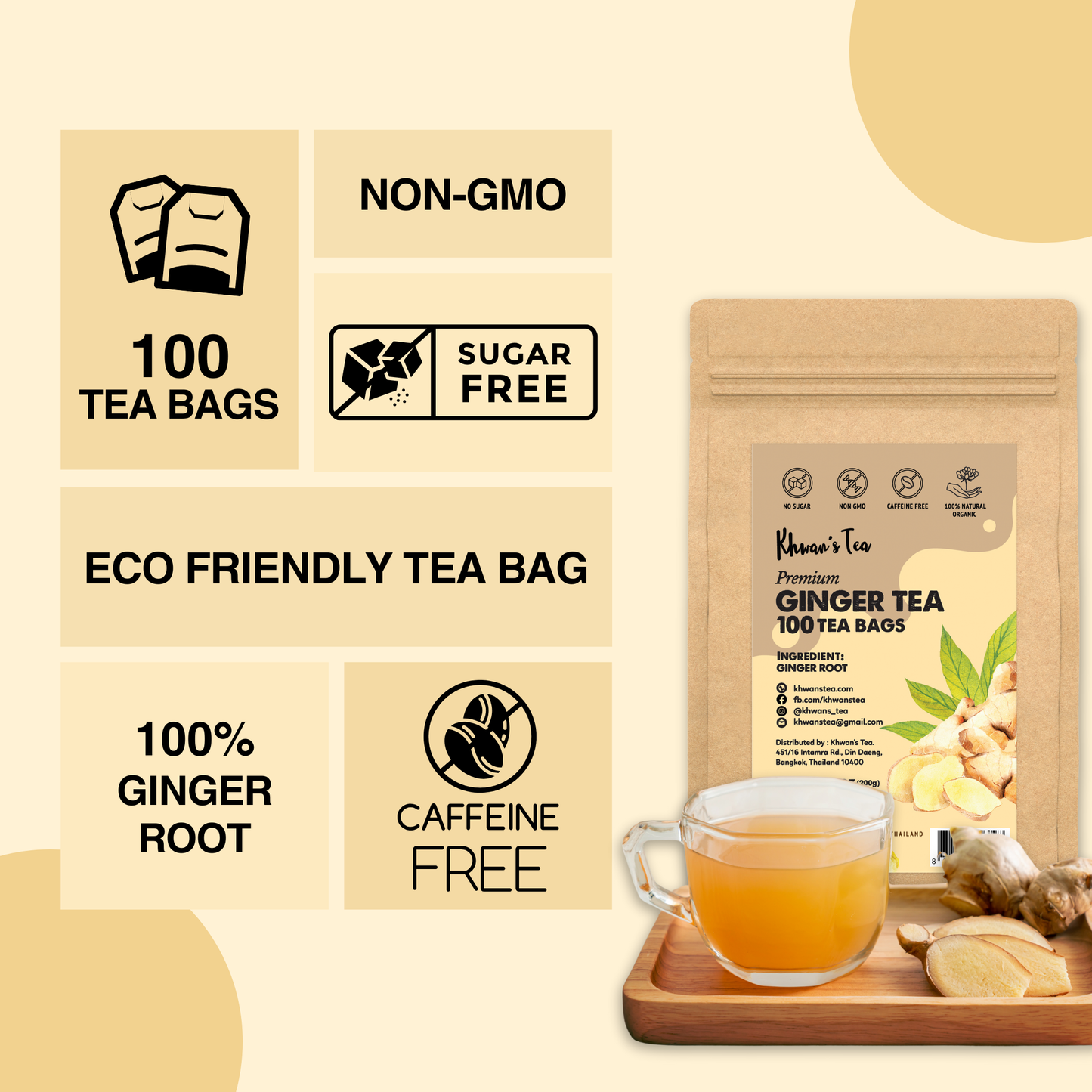 Ginger Tea 100 Tea Bags, 7oz - Organic Ginger Root Powder For Herbal Tea Bags, Caffeine Free Tea Bags, Supports Digestion, Soothing & Spicy (100 x 2g/Bag)