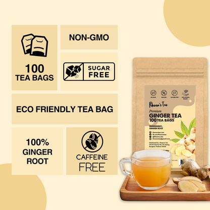 Ginger Tea 100 Tea Bags, 7oz - Organic Ginger Root Powder For Herbal Tea Bags, Caffeine Free Tea Bags, Supports Digestion, Soothing & Spicy (100 x 2g/Bag)