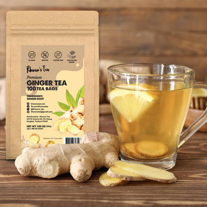 Ginger Tea 100 Tea Bags, 7oz - Organic Ginger Root Powder For Herbal Tea Bags, Caffeine Free Tea Bags, Supports Digestion, Soothing & Spicy (100 x 2g/Bag)