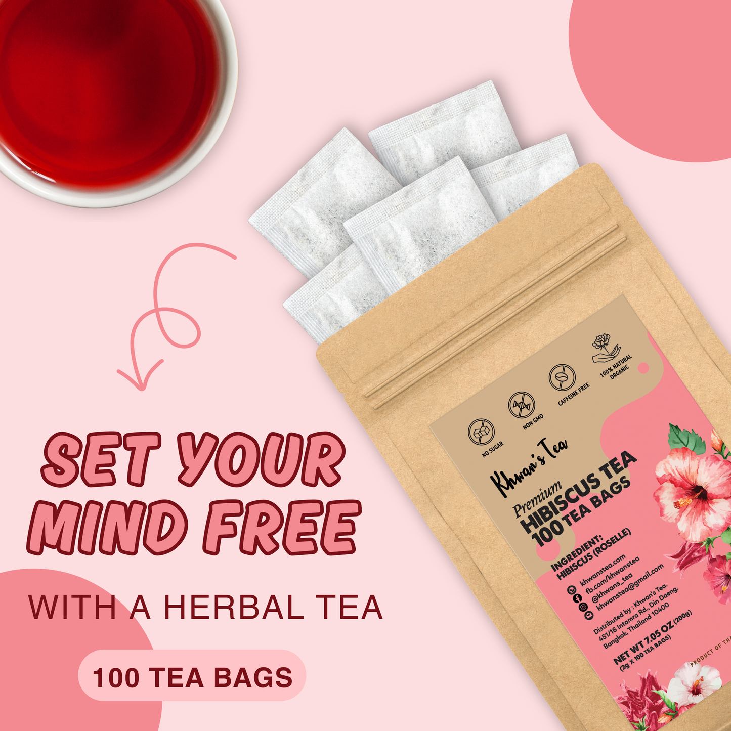 Hibiscus Tea 100 Tea Bags, 7oz - Dried Edible Hibiscus Flowers Powder Ground, Herbal Tea Bag Caffeine-Free Hibiscus Tea Organic Hibiscus (100 x 2g/bag)