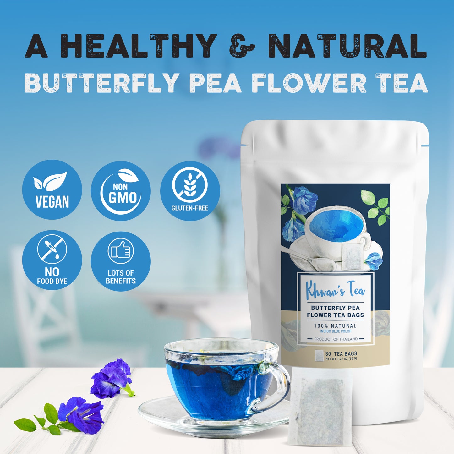 Butterfly Pea Flower Tea Bags Herbal Loose Leaf Tea Organic Natural Vegan Healthy Product of Thailand