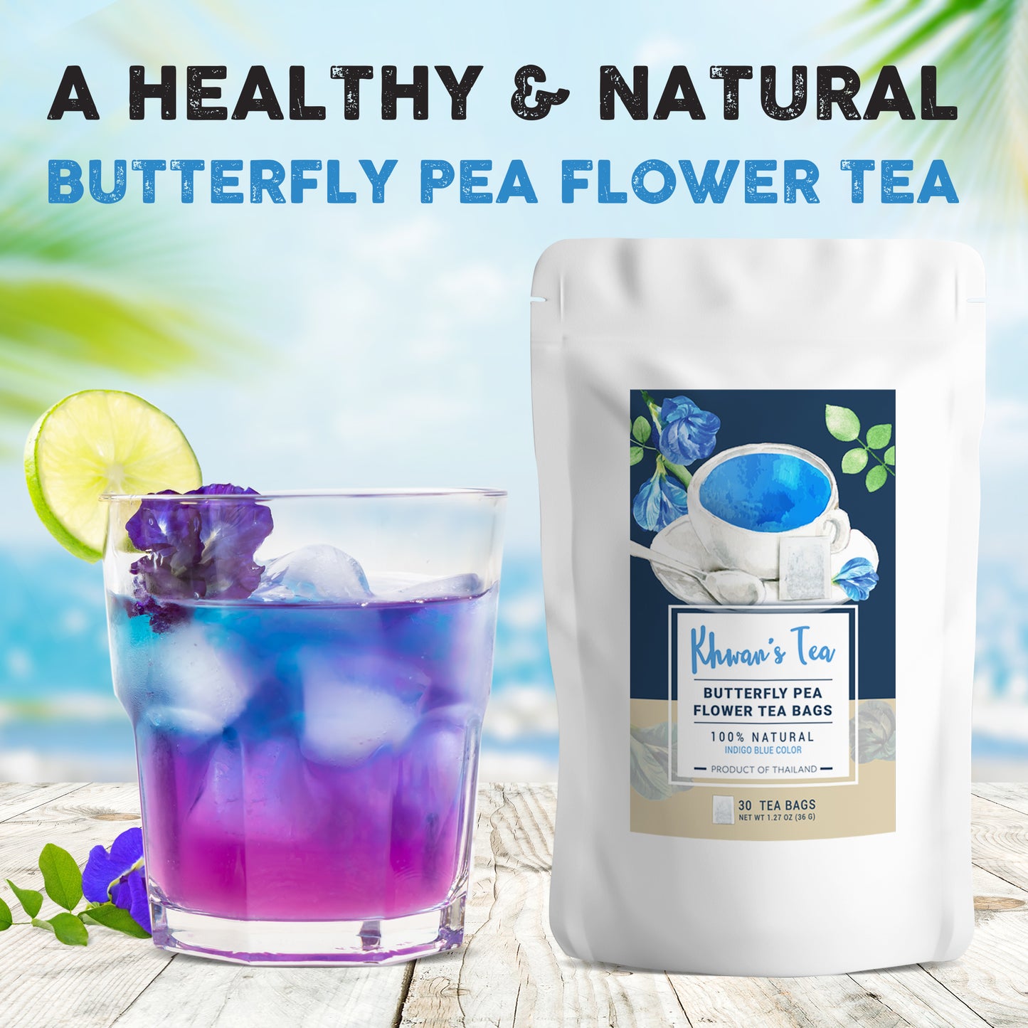 Butterfly Pea Flower Tea Bags Herbal Loose Leaf Tea Organic Natural Vegan Healthy Product of Thailand