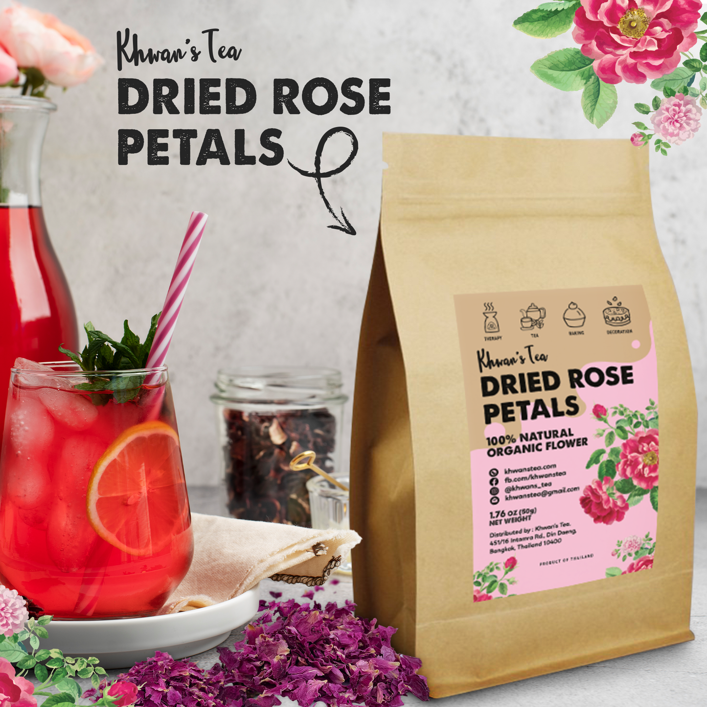 Dried Rose Petals Tea Organic Rose Flower Herbal Natural Vegan NON-GMO Healthy Product of Thailand